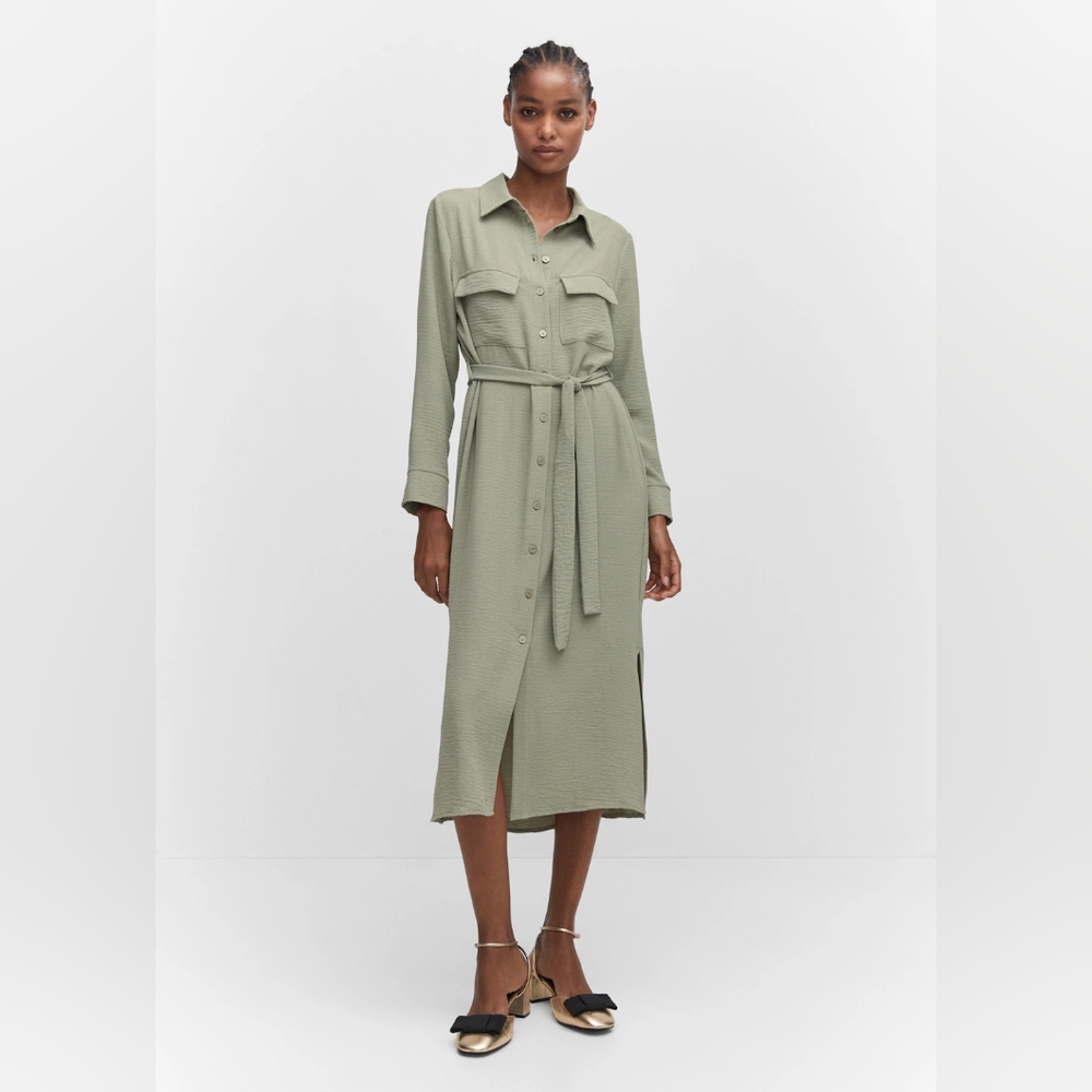 MANGO -Olive Green Button-Up Midi Dress